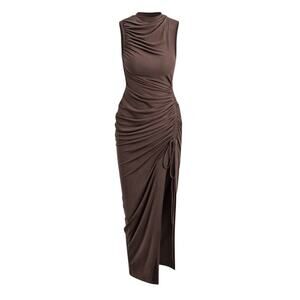 Micas Asymmetric Ruched Drawstring Slit Sleeveless Dress in Brown size Small